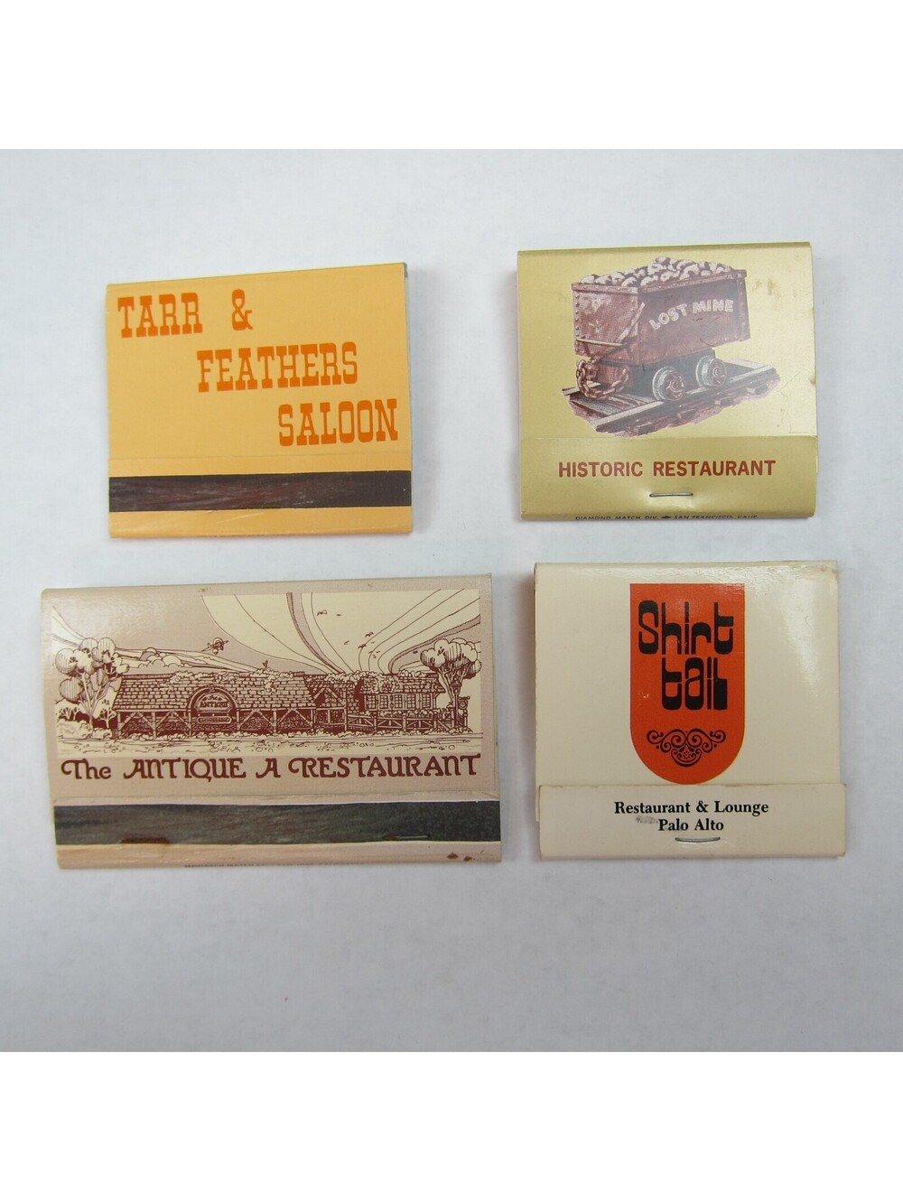 4 Matchbook Covers Tarr & Feathers Saloon, Lost Mine, Antique A, Shirt Tail CA